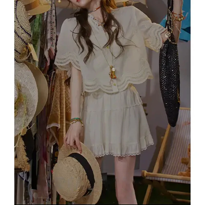 吞吞5月25号上新【花檐 很透很美送吊带裹胸】法式甜美绣花衬衫女