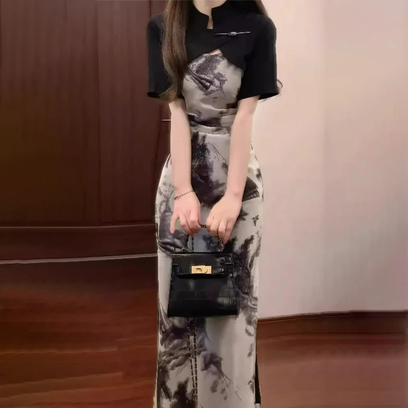 新中式国风罩衫吊带裙套装夏季大码改良旗袍气质水墨印花连衣裙子