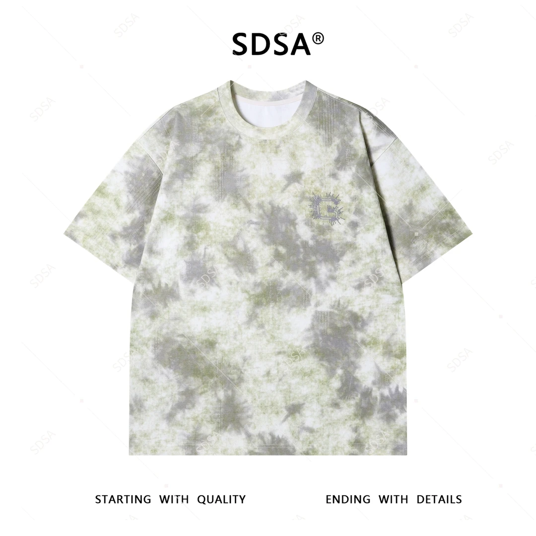 SDSA夏季高级感新款男士扎染磨破刺绣短袖T恤时尚圆领宽松上衣潮