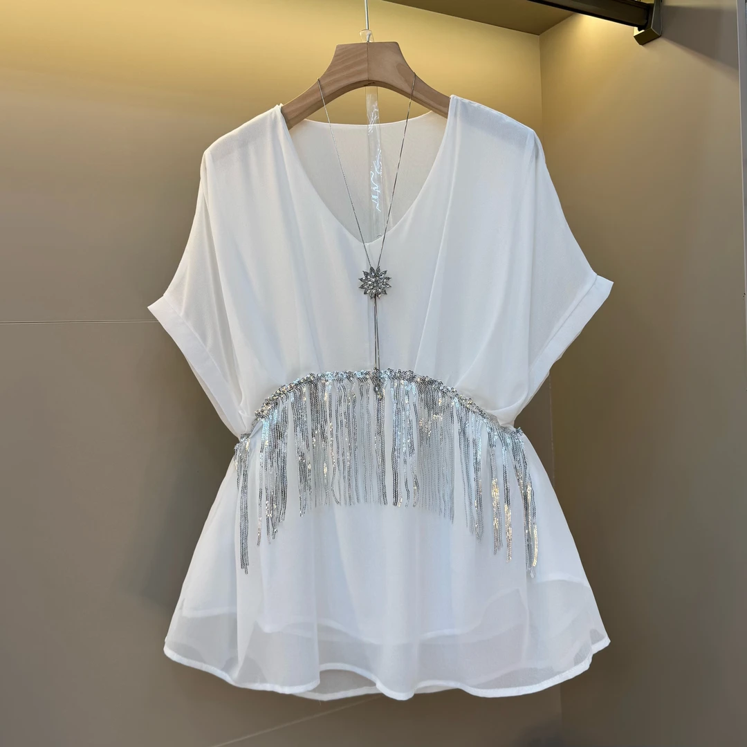 2025夏季新款轻薄落肩宽松女人味亮片流苏装饰显瘦小衫3509