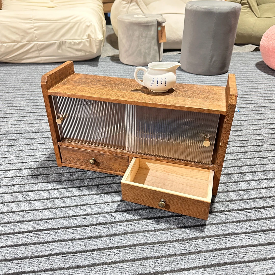 实木玻璃茶杯收纳储物柜化妆品杯子收纳盒高级感桌面001