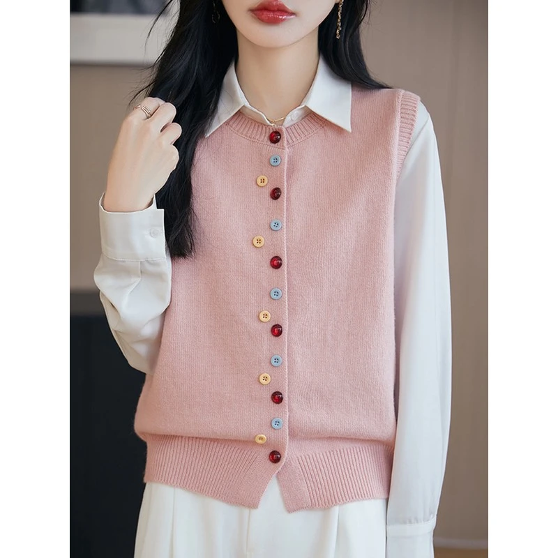 哥弟阿玛施正品无袖背心彩扣针织开衫马甲外套女2025新款春秋款大