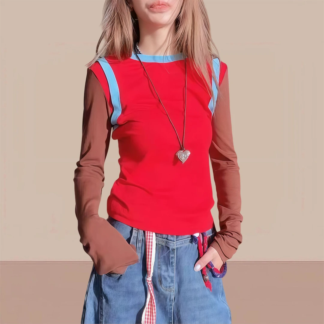 2025新款秋冬季拼接撞色假两件圆领打底衫美式显瘦长袖时尚T恤女