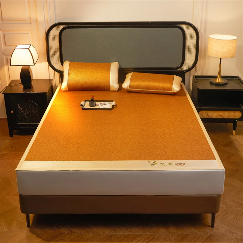 艾草藤席三件套刺绣款单双人床宿舍草席可折叠空调凉席家用冰丝席