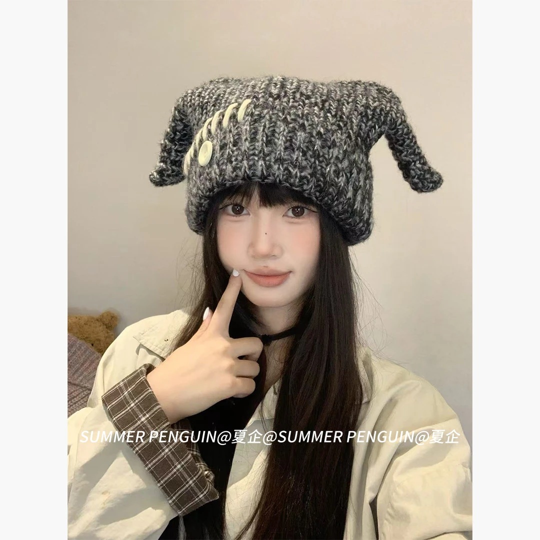 SUMMER PENGUIN可爱纽扣耳朵毛线帽女秋冬季保暖显脸小针织帽子