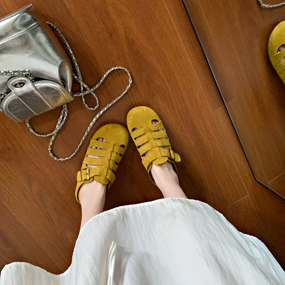 2025春夏季新品勃肯包头半拖鞋女外穿一脚蹬软底舒适镂空凉拖鞋女