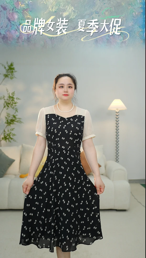 7067连衣裙显瘦气质黑色夏季长款方领