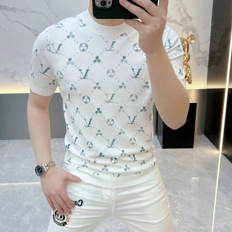 2025夏季新款男个性提花修身帅气圆领冰丝短袖T恤男薄款休闲短袖