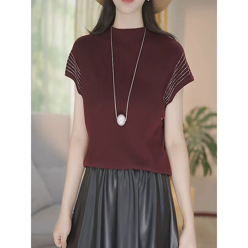 【针织短袖】重工亮钻气质优雅立领短袖舒服绒毛针织短袖91057