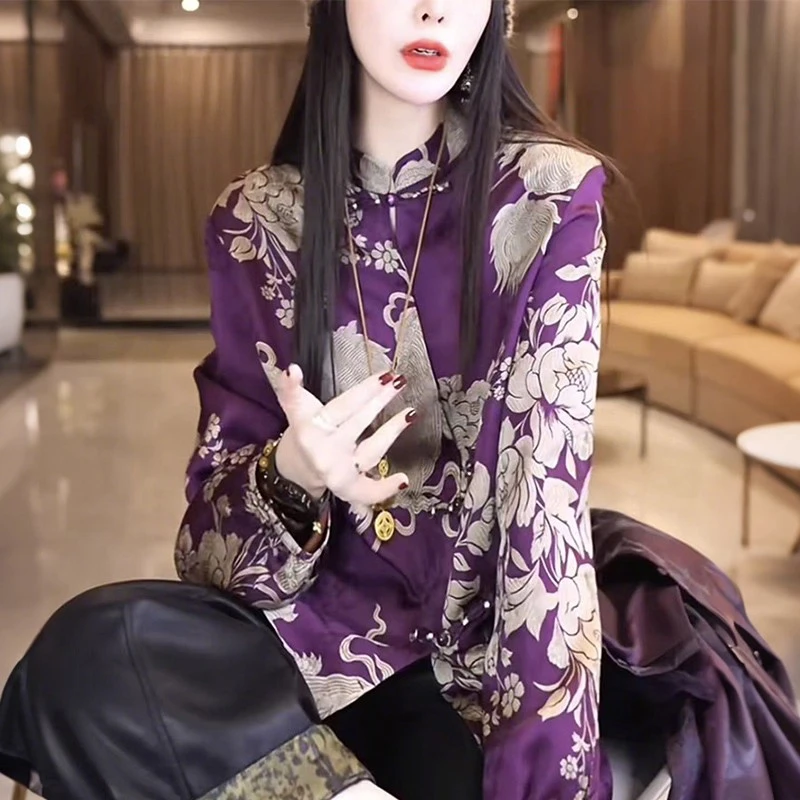 新中式紫色人丝提花衬衫女长袖衬衣春秋新款改良国风斜襟盘扣上衣
