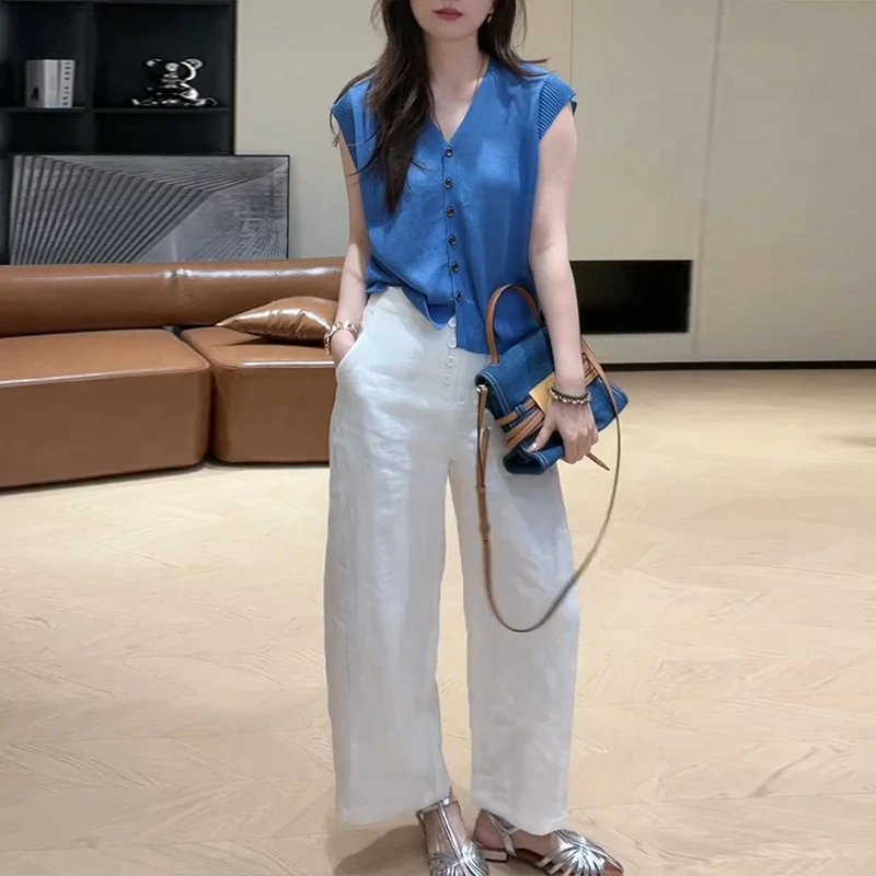 单排扣V领短袖针织衫洋气时尚套装女士2025年夏季新款百搭两件套