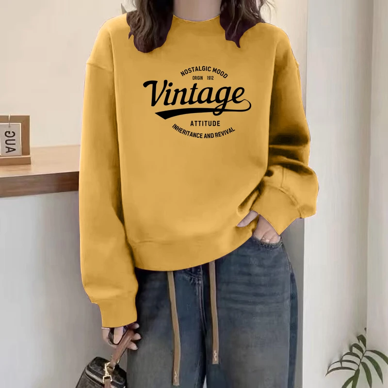 圆领套头打底衫加绒加厚卫衣女2025秋冬新款宽松韩版外套春秋薄款