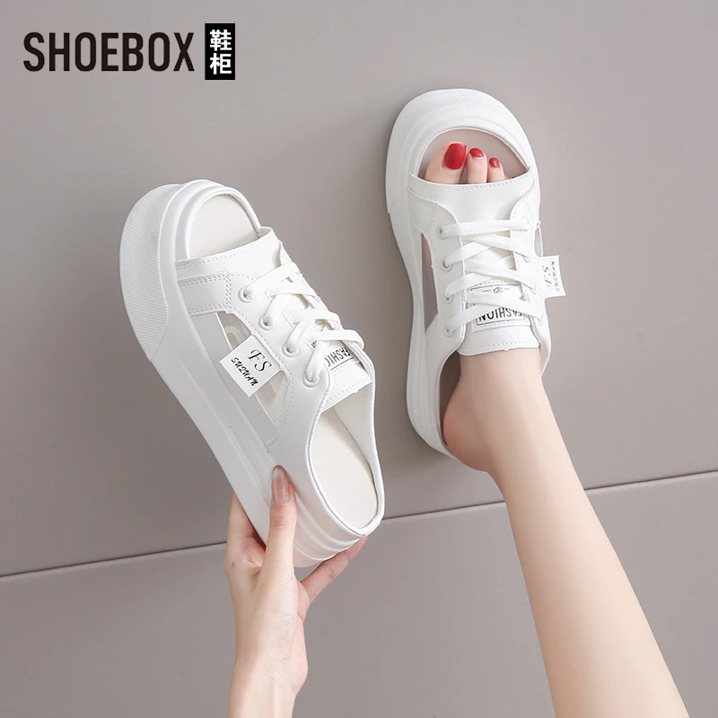 达芙妮集团旗下女鞋2025新款夏季厚底半拖小白鞋轻便软底镂空凉鞋