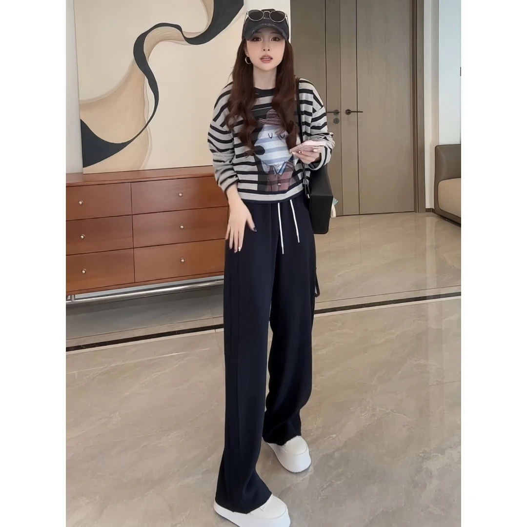 新款减龄宽松慵懒风圆领打底衫条纹小狗T恤+卫裤休闲裤BB50302