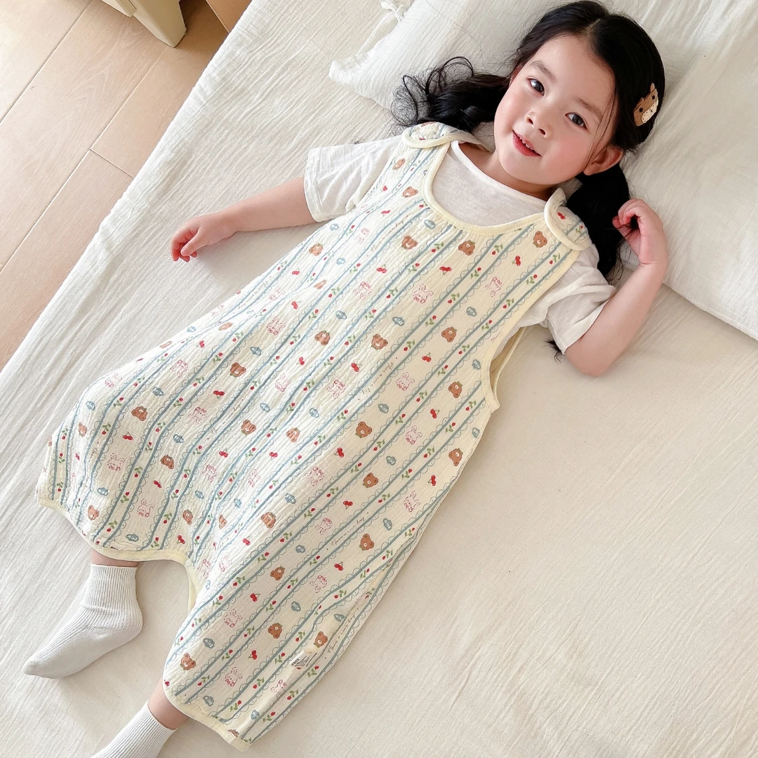 1到3岁宝宝睡袋四季通用分腿防踢被纯棉薄款春夏季背心款纱布睡袋