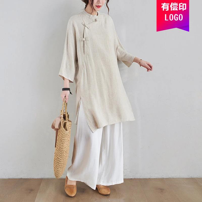 中国风禅意宽松大码禅修服茶艺师服装女套装棉麻上衣佛系衣服夏