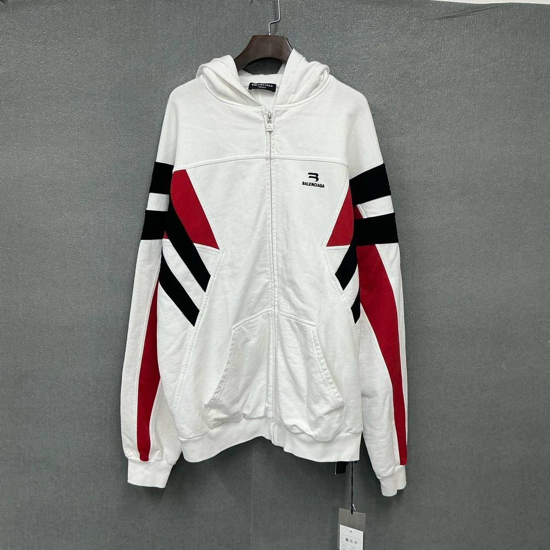 全新未使用 Balenciaga/巴黎世家 校服拼接白色拉链帽衫带吊2码