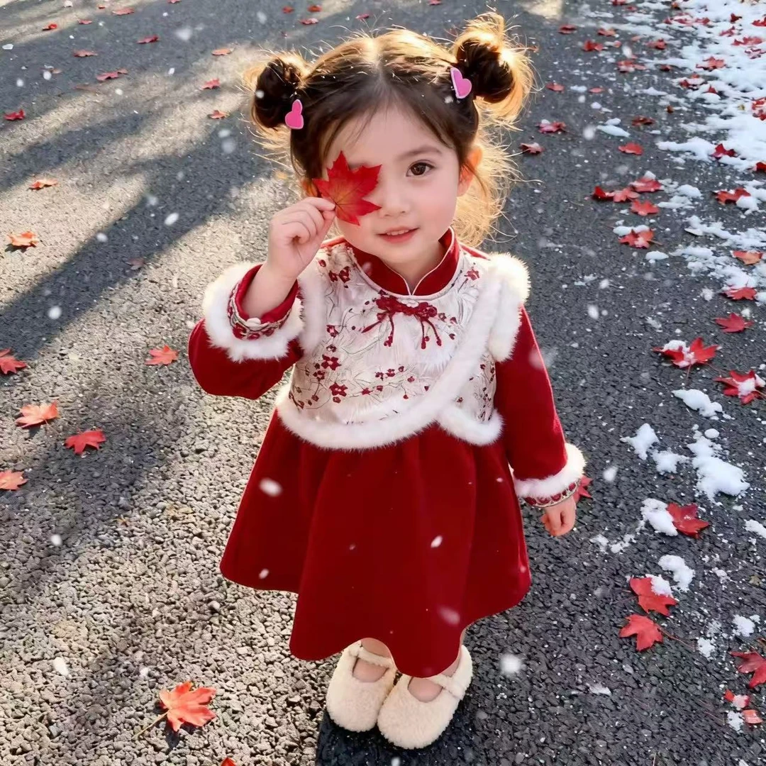 1292儿童红色连衣裙新中式公主风喜庆加绒拜年服女宝宝加绒旗袍裙