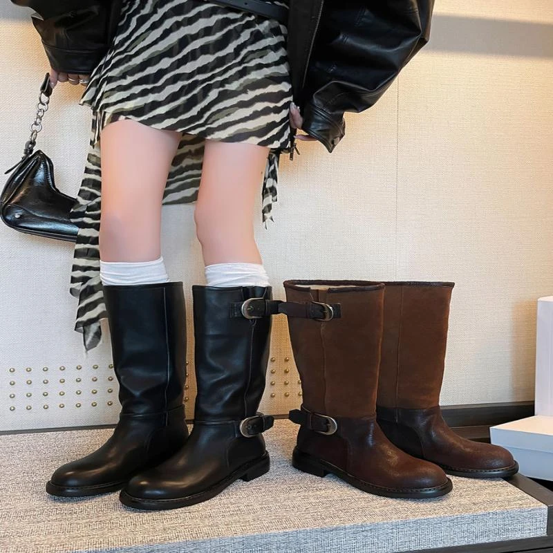 YUGE牛翻皮拼接头层牛皮 新款骑士靴长靴 不过膝靴子女3cm