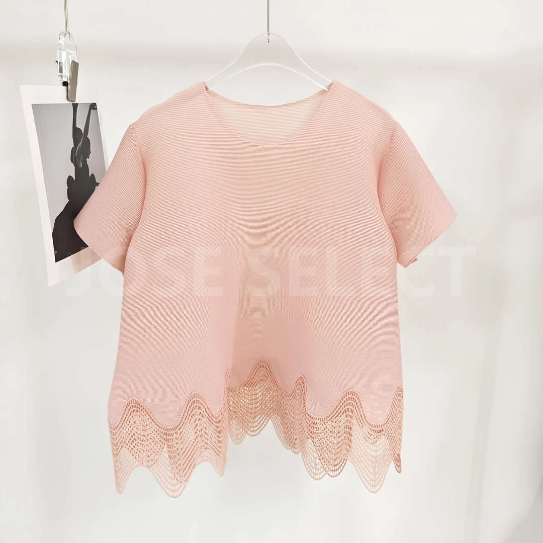 三宅不规则镂空小香风褶皱拼接上衣通勤百搭宽松短袖T恤女夏季新