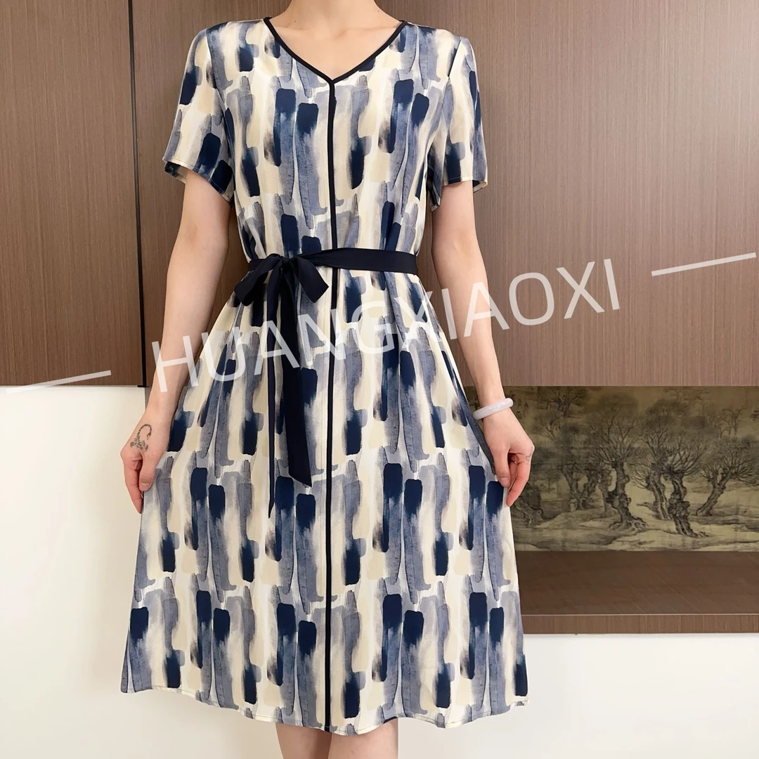 HUANGXIAOXI 天水蓝泼墨短袖气质连衣裙ZF-039