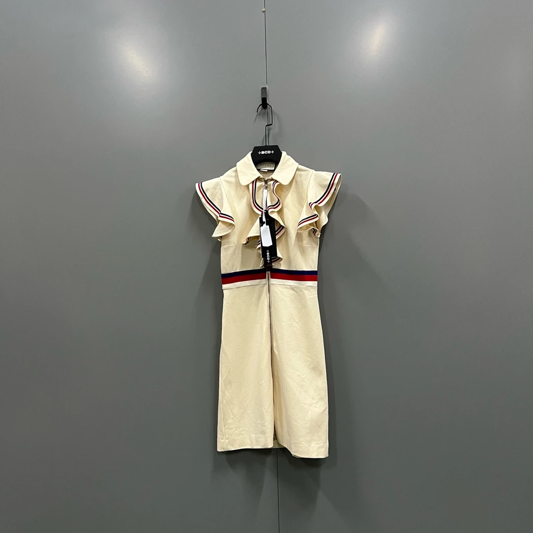 95新 GUCCI/古驰 qq 条纹荷叶领无袖连衣裙 S码/98新/017129