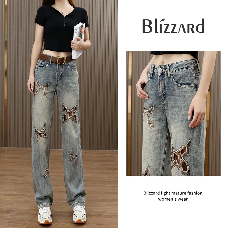港风重工烫钻牛仔裤女直筒窄版2024年春秋新款刺绣春夏牛仔裤