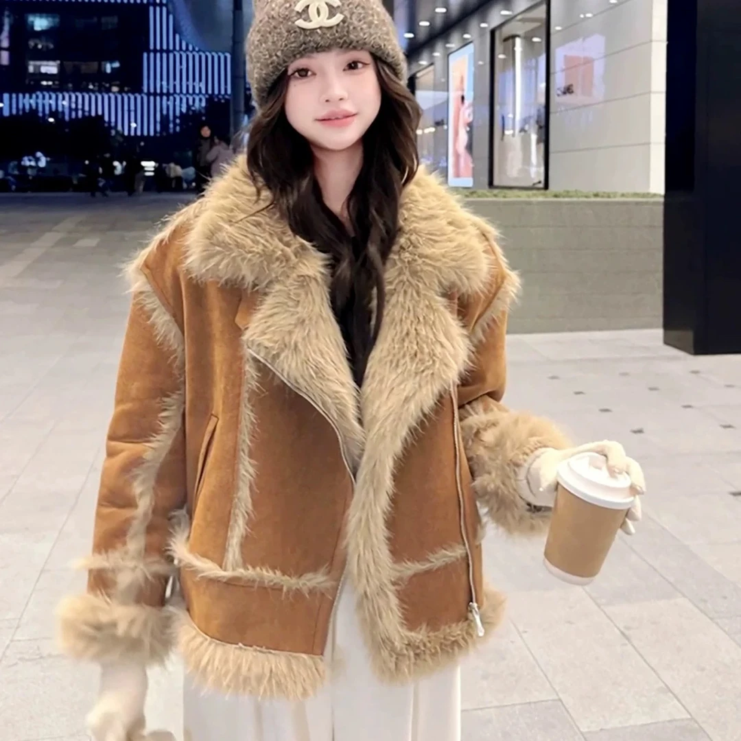 美拉德短款外套女冬季加厚加绒麂皮绒翻领保暖显瘦百搭夹克