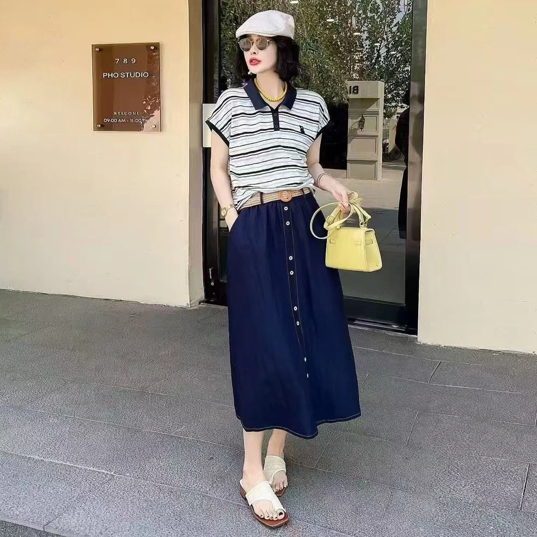 POLO领飞飞袖条纹T恤衫+牛仔半身裙两件套装女夏季新款英伦风763