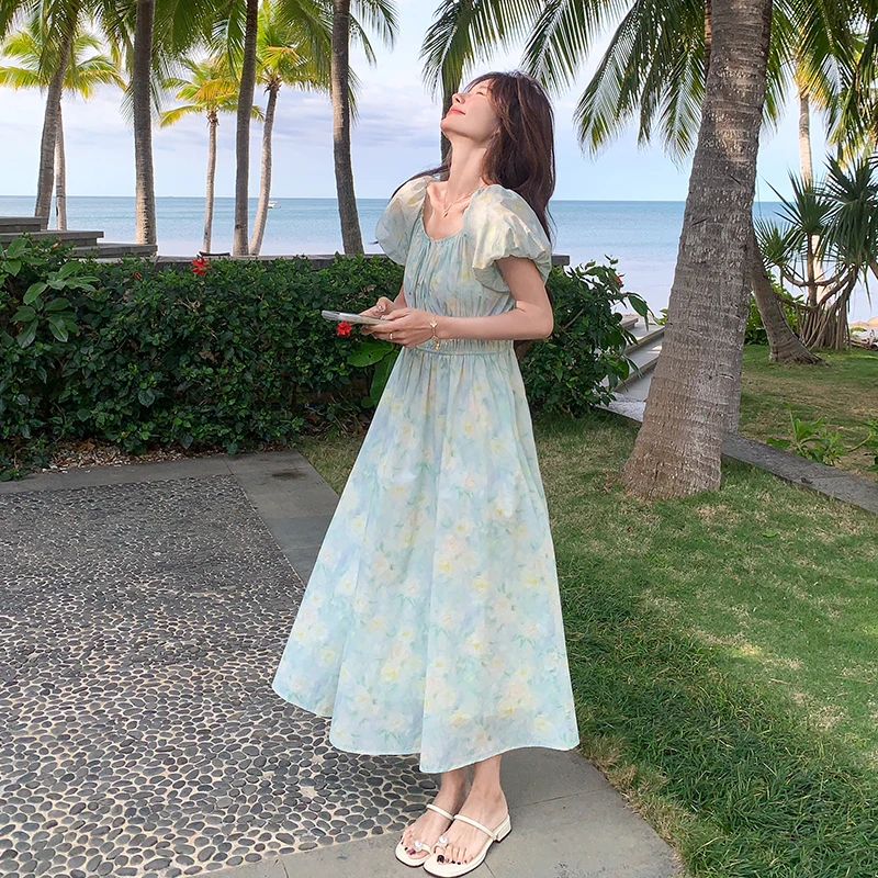 韩系小清新宽松显瘦连衣裙女2025夏新款甜美减龄圆领泡泡袖长裙子
