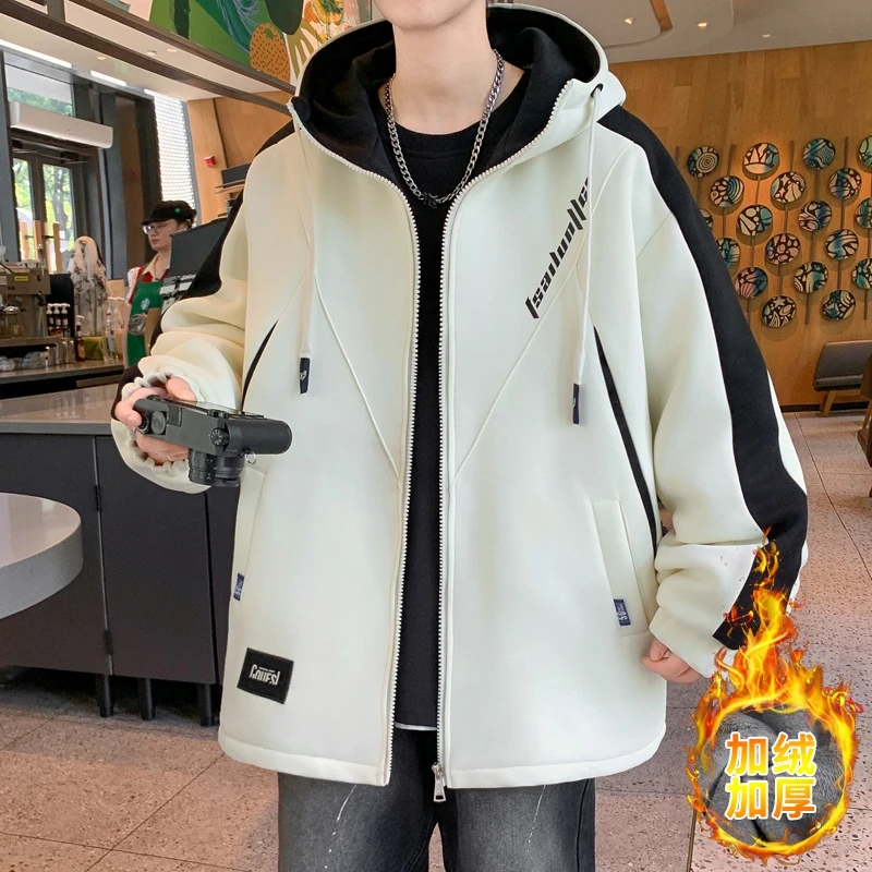 2025冬季新款青少年外套男加绒加厚学生帅气潮流ins宽松连帽夹克