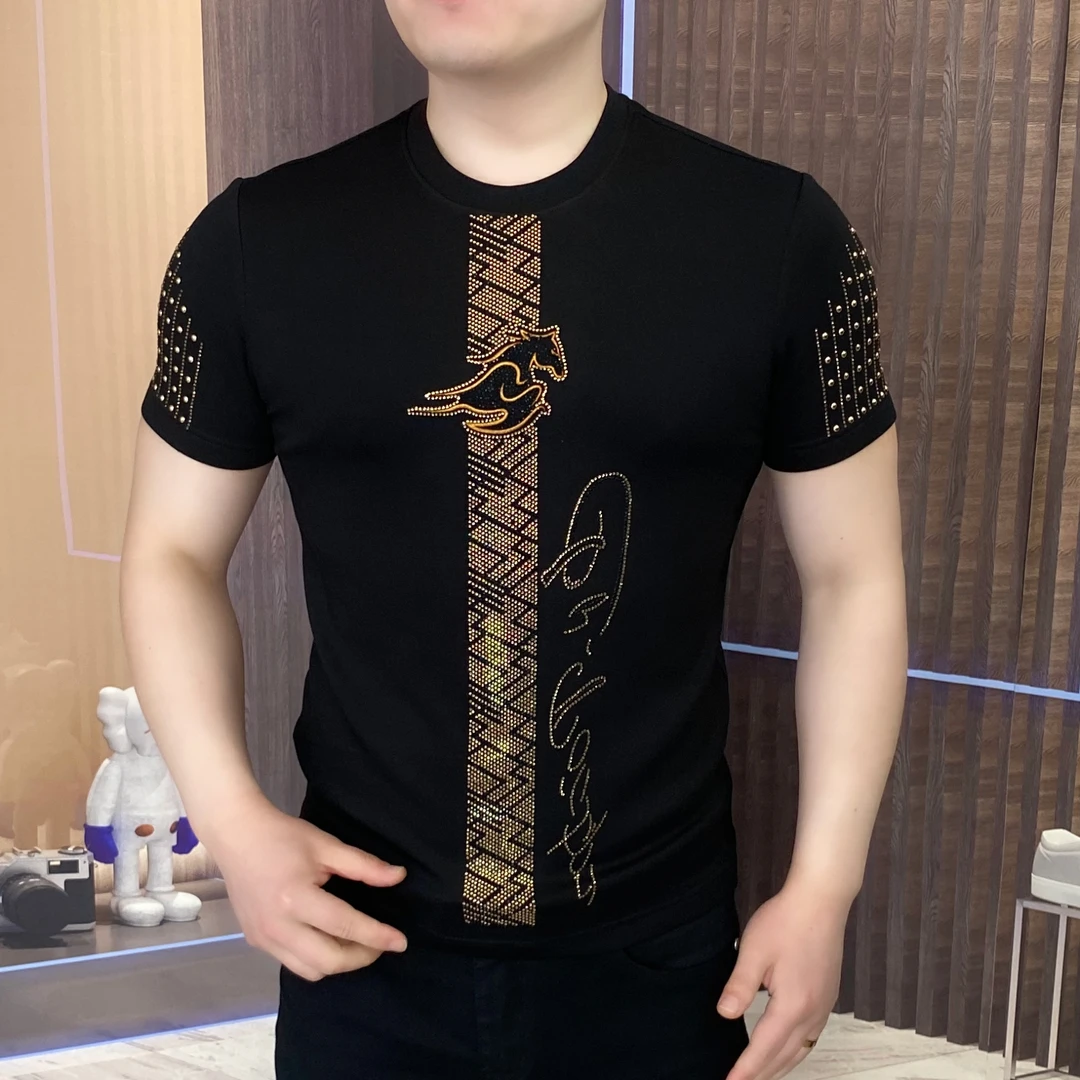 《金马系列》奔腾短袖男士时尚休闲圆领百搭潮流修身黑色商务