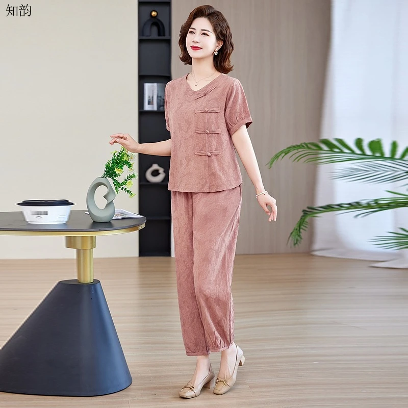 装夏季套装修身百塔中年国风休闲大码减龄薄款显瘦宽松两件套时尚