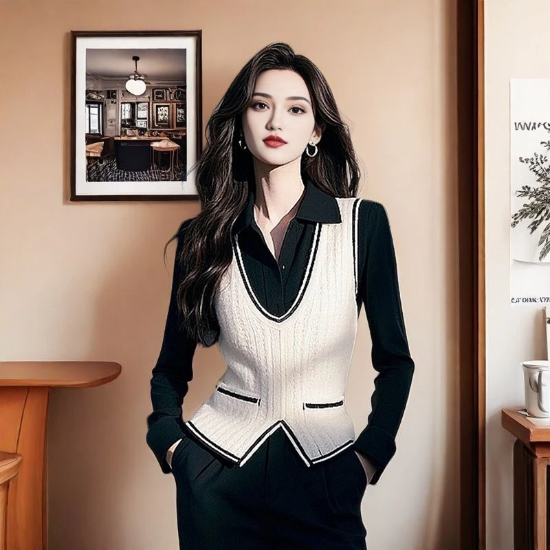 超好看独特漂亮假两件黑色气质长袖衬衫女宽松显瘦上衣洋气小衫