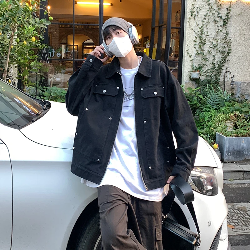 春季新款纯棉牛仔翻领外套休闲男拼接短款时尚百搭夹克5352