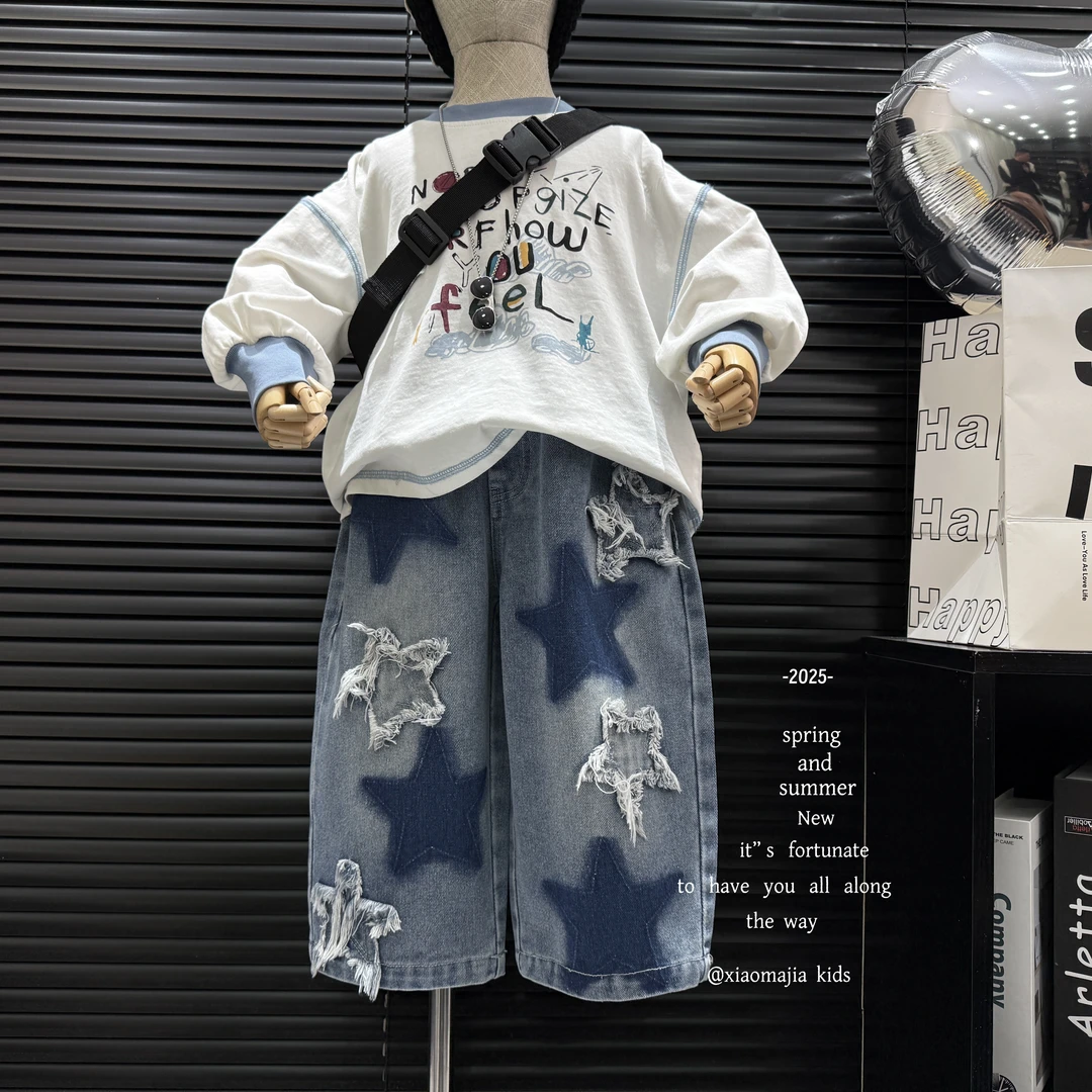 儿童春季新款牛仔裤K-5166高街复古星星牛仔裤男女童裤子韩版春秋