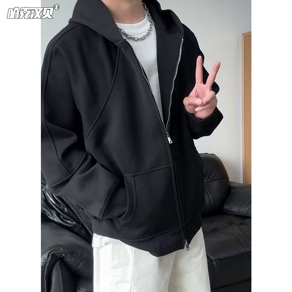 秋季纯棉开衫卫衣男女款纯色慵懒风拉链连帽外套宽松大码叠穿上衣