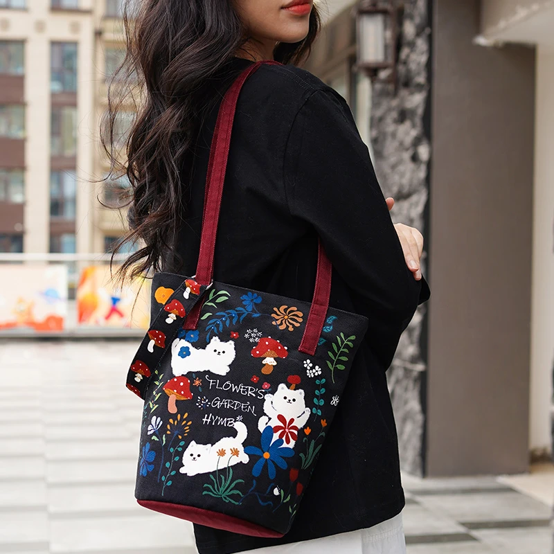 水桶包斜挎拉链单肩包可爱文艺布包女百搭时尚简约