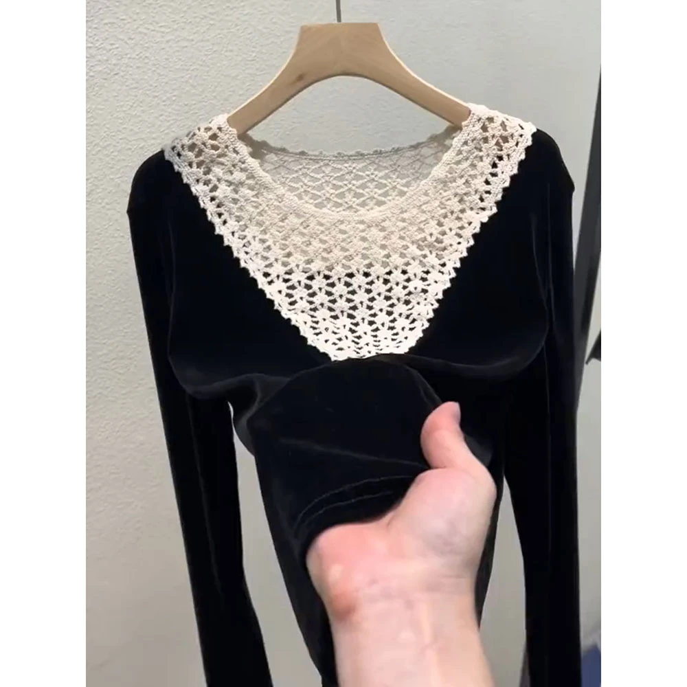 2025秋季新款女黑色T恤镂空时尚高级感洋气减龄内搭打底衫上衣