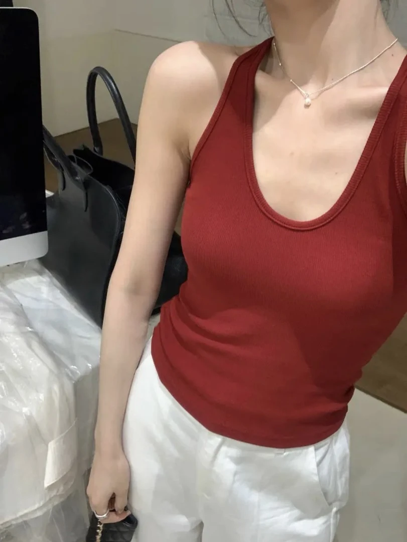 2025新款百搭U领挂脖带胸垫吊带背心内搭外穿修身显瘦通勤上衣