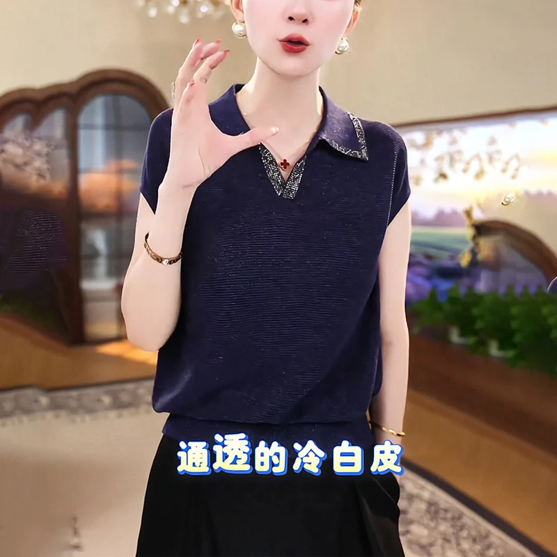 夏季新款薄款烫钻洋气大码短袖妈妈装针织上衣女宽松百搭翻领T恤