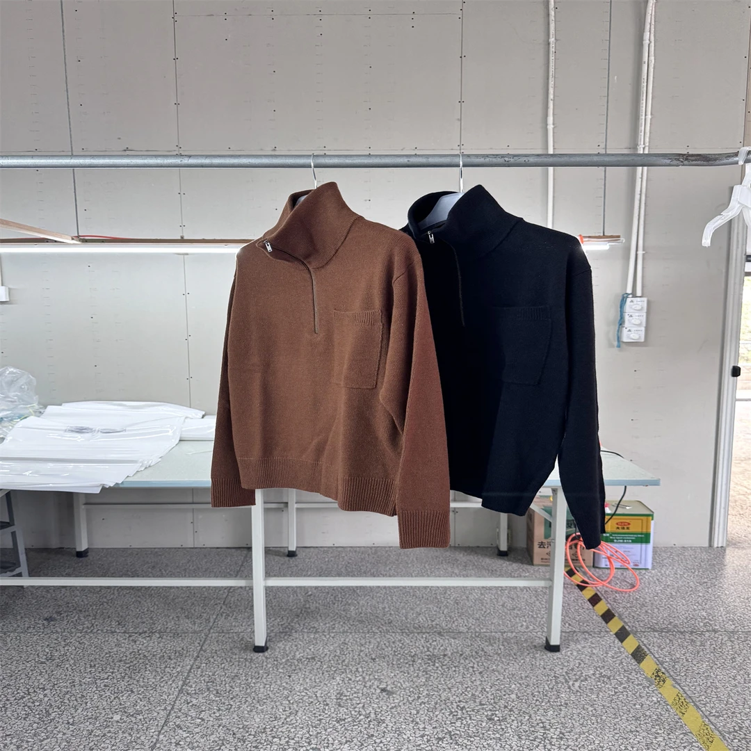 拉链领麻毛针织套衫