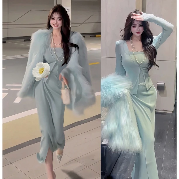 郁儿baby《浅蓝翎梦》法式气质蓝色开衫3⃣️件套慵懒风垂感套装女