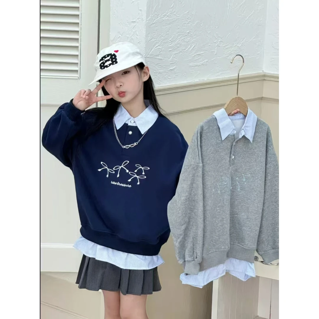 女童polo领卫衣2025时尚春秋款长袖绣花套头休闲宽松初高中生长袖