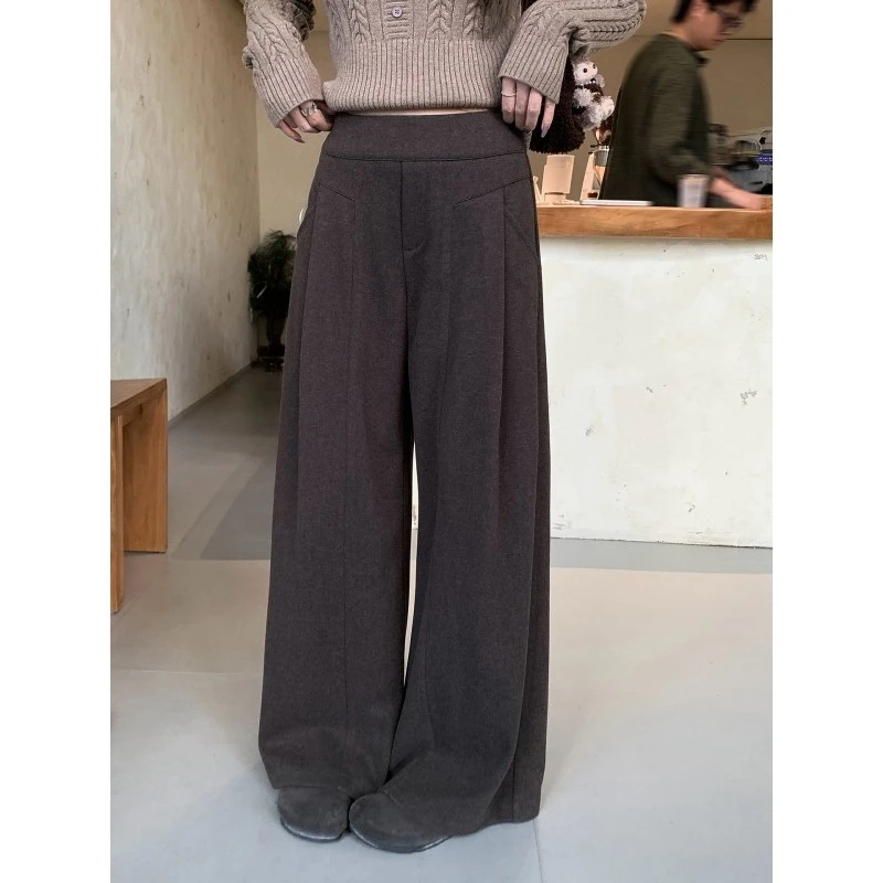 韩11慵懒风深咖色毛呢垂感阔腿裤女冬季百搭休闲裤宽松显瘦长裤子