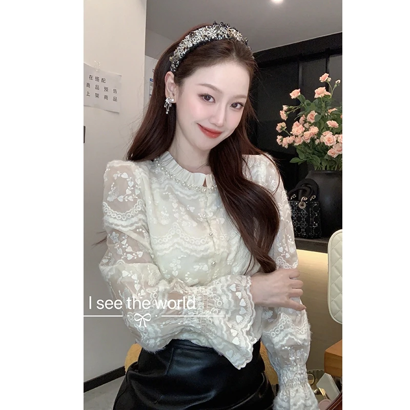 (子贤专属)春夏新款减龄钉珠立领小衫女洋气上衣4889