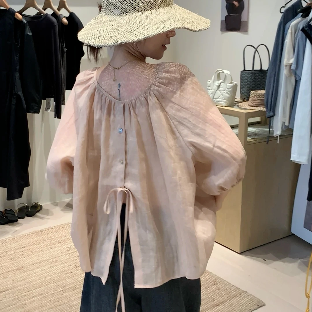 2025年夏季甜美可爱风格衣服时尚百搭后开叉慵懒感衬衫洋气衣服女