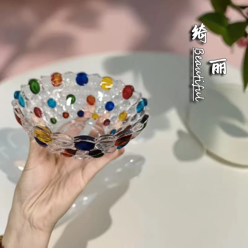 单只-轻奢撞色水晶玻璃波点碗家用客厅干果糖果零食彩色碗