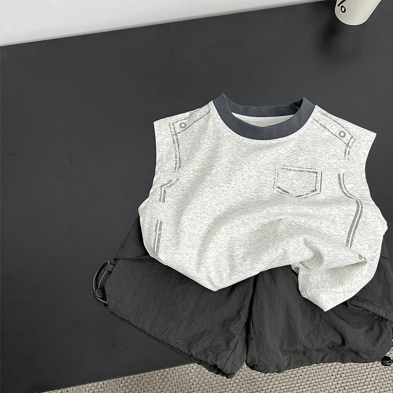 男童无袖背心t恤衫夏装2025新款男宝宝短裤套装时尚休闲五分短裤