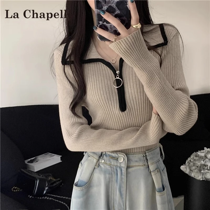 拉夏贝尔高级感正肩长袖针织衫女秋冬2025新款半拉链翻领内搭毛衣